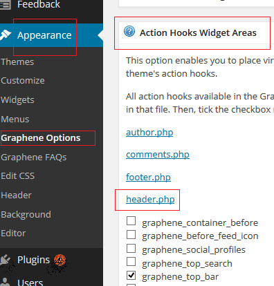 Graphene theme - Action Hooks Widget Areas